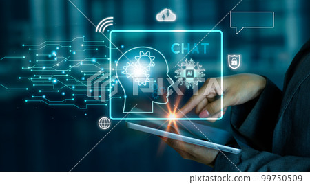 Ai machine learning technology. Businesswoman using tablet touching to connecting with chat ai brain big data blue blurred building background. Ai machine learning technology. Businesswoman using tablet touching to connecting with chat ai brain big data blue blurred building background. 99750509