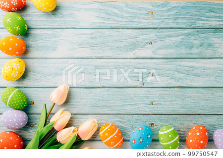 Happy Easter Day Concept. Flat lay holiday banner background web design white colorful easter eggs painted with tulips flowers on blue wood background with empty copy space, overhead, template 99750547