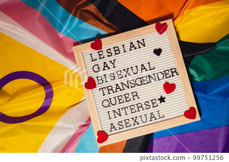 LGBTQIA description frame on Rainbow LGBTQIA flag made from silk material. LESBIAN, GAY, BISEXUAL, TRANSGENDER, QUEER, INTERSEX, ASEXUAL Symbol of LGBTQ pride month. Equal rights. Peace and freedom 99751256