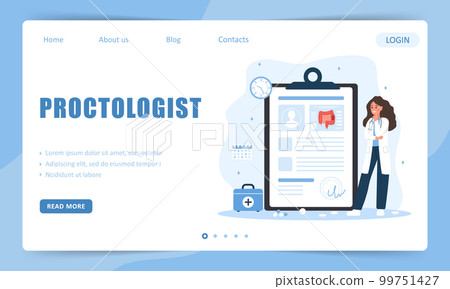 Proctologist concept. Landing page template. Female doctor make diagnosis and choose treatment methods. Woman in lab coat analysis intestine. Cancer prevention. Vector illustration in cartoon style 99751427