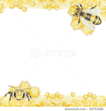 Watercolor hand drawn frame of bees and honey isolated on white background 99752086