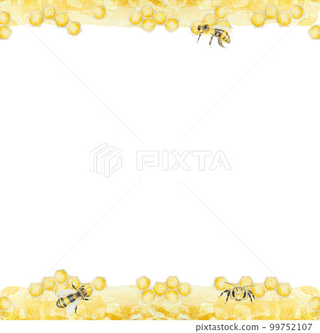 Watercolor hand drawn frame of bees and honey isolated on white background 99752107