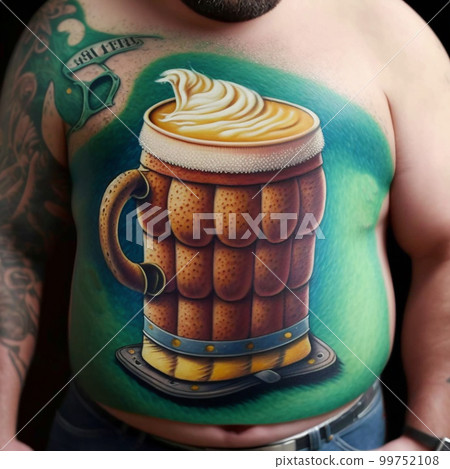 Tattoo in the form of a mug of beer on a fat belly. Funny illustration, healthy lifestyle concept	 99752108