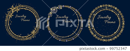 Set of circular golden frames with large place for copy space. Jewelry gold chains, beads, shiny stars, small glittering particles. Logo, emblem, badge for anniversary, award, gift design on dark blue Set of circular golden frames with large place for copy space. Jewelry gold chains, beads, shiny stars, small glittering particles. Logo, emblem, badge for anniversary, award, gift design on dark blue 99752347