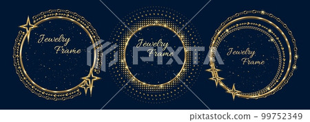 Set of circular golden frames with large place for copy space. Jewelry gold chains, beads, shiny stars, small glittering particles. Logo, emblem, badge for anniversary, award, gift design on dark blue 99752349