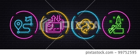 Cloud share, Card and Journey minimal line icons. Neon laser 3d lights. Innovation icons. For web, application, printing. Data sharing, Send payment, Trip distance. Crowdfunding. Vector 99752595