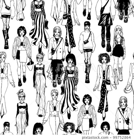 Seamless pattern. Women in trendy clothes. Defile sketch. Seamless pattern. Women in trendy clothes. Defile sketch. 99752864