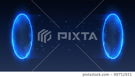 Magic portal, realistic teleport tunnel with sparkles, futuristic glowing blue neon rings. 99752931