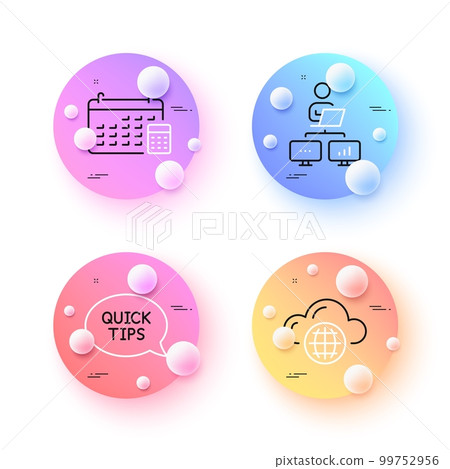 Cloud computing, Calendar and Quickstart guide minimal line icons. 3d spheres or balls buttons. Work home icons. For web, application, printing. Vector 99752956