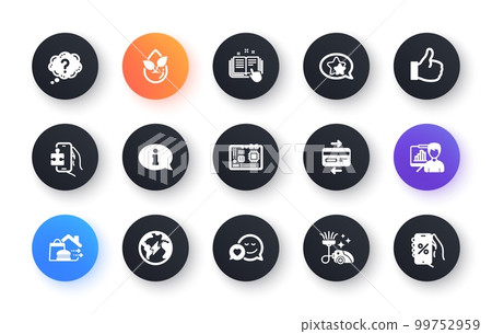 Minimal set of Like, Credit card and Dating flat icons for web development. Food delivery, Information, Motherboard icons. Electricity, Question mark, Presentation board web elements. Vector 99752959