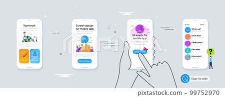 Set of Hospital nurse, Column diagram and Scissors line icons. Phone ui interface. Include Vaccination schedule, Stats, Alarm clock icons. Vector Set of Hospital nurse, Column diagram and Scissors line icons. Phone ui interface. Include Vaccination schedule, Stats, Alarm clock icons. Vector 99752970