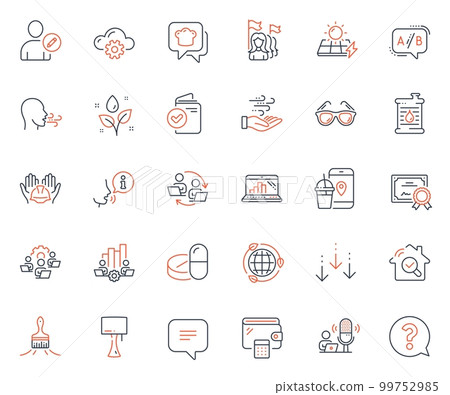 Business icons set. Included icon as Oil barrel, Certificate and Feminism web elements. Edit user, Scroll down, Brush icons. Teamwork process, Plants watering, Medical drugs web signs. Vector 99752985