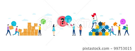Smile face, Messenger and Speech bubble minimal line icons. People characters with puzzle, delivery parcel. Truck transport icons. For web, application, printing. Vector 99753015