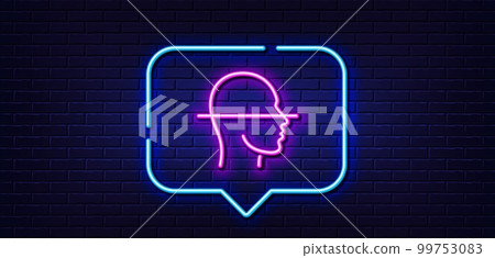Neon light speech bubble. Face scanning line icon. Facial scan sign. Head recognition symbol. Neon light background. Face scanning glow line. Brick wall banner. Vector 99753083