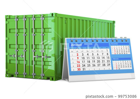 Cargo container shipping freight with desk calendar, 3D rendering 99753086