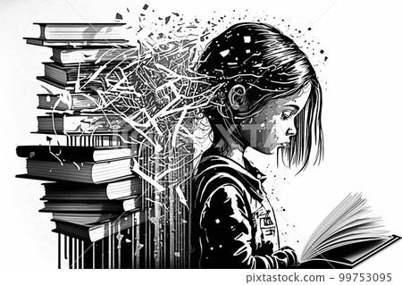 abstract drawing of a girl reading a book and a stack of books flying out of her head and dripping down behind her abstract drawing of a girl reading a book and a stack of books flying out of her head and dripping down behind her 99753095