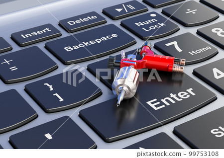 Tattoo machine on laptop keyboard, 3D rendering Tattoo machine on laptop keyboard, 3D rendering 99753108