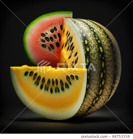 Appetizing sweet fresh yellow and red watermelon isolated on black background, healthy natural bio fruit 99753559