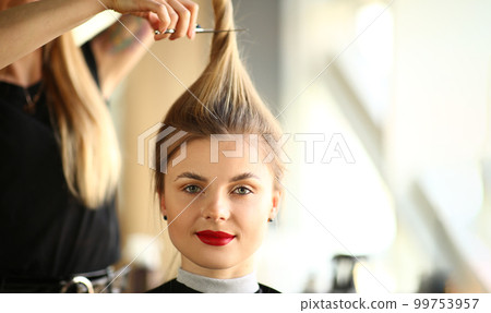 Portrait of blonde woman in hairdressing salon with long ponytail Portrait of blonde woman in hairdressing salon with long ponytail 99753957