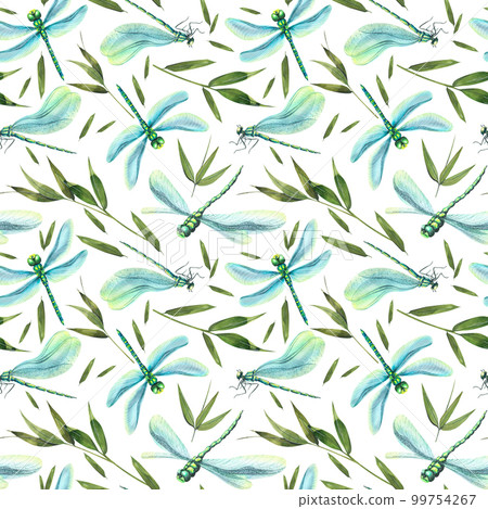 Blue dragonflies with bamboo leaves. Summer, gentle, light. Watercolor seamless pattern. For textiles, fabrics, wallpaper, paper, scrapbooking, print cover souvenirs clothing stickers interior 99754267