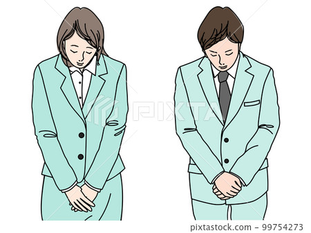 Businessman and woman in suit bowing politely, upper body front color illustration set Businessman and woman in suit bowing politely, upper body front color illustration set 99754273