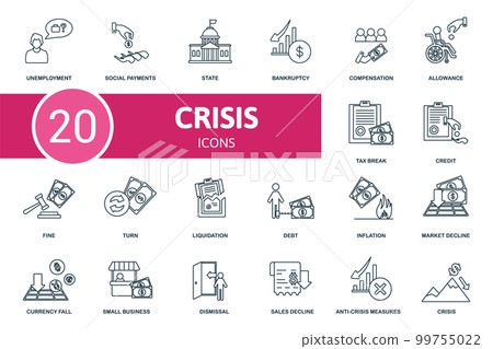 Crisis set icon. Contains crisis illustrations such as social payments, bankruptcy, allowance and more. 99755022