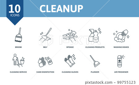 Cleanup set icon. Editable icons cleanup theme such as broom, sponge, washing dishes and more. Cleanup set icon. Editable icons cleanup theme such as broom, sponge, washing dishes and more. 99755123