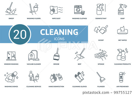 Cleaning set icon. Contains cleaning illustrations such as washing floors, washing clothes, soap and more. 99755127