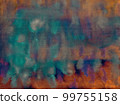 abstract textural background with blue, orange and green paint cracks, divorces, furrows, inflows, coasts 99755158
