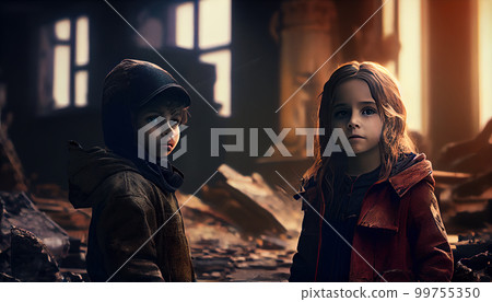 Two kids walking in destroyed city Two kids walking in destroyed city 99755350