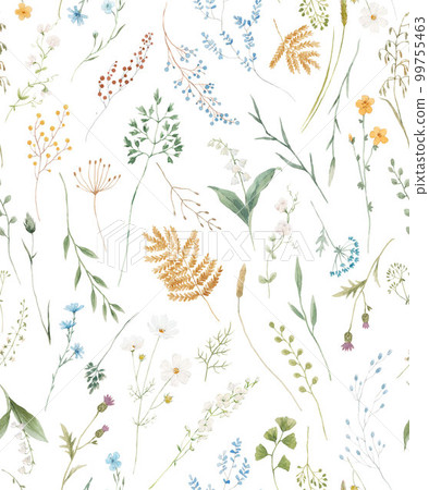 Beautiful floral seamless pattern with hand drawn watercolor wild herbs and flowers. Stock illustration. 99755463