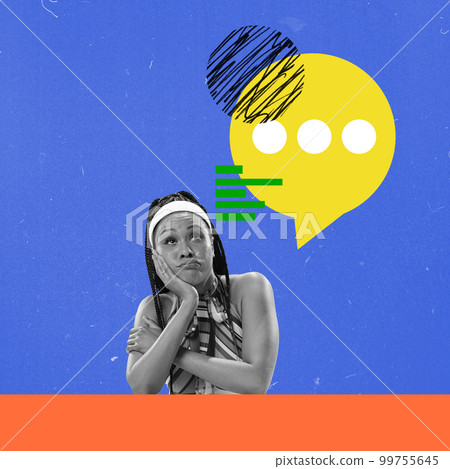 Contemporary art collage. Bright design. Young woman sitting with thoughtful face over blue background. Communication Contemporary art collage. Bright design. Young woman sitting with thoughtful face over blue background. Communication 99755645