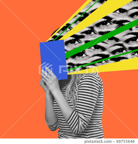Contemporary art collage. Bright design. Women over orange background with endless flow of human eyes 99755646