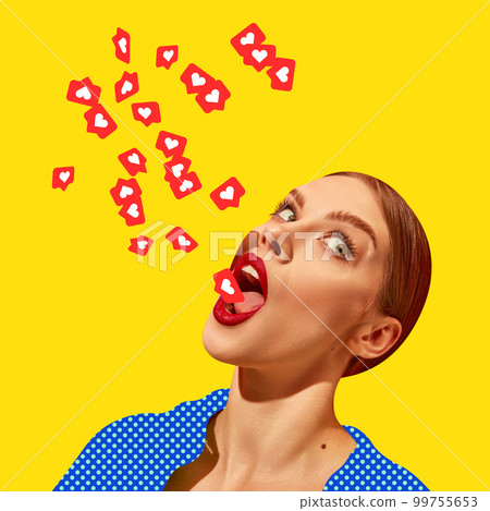 Young woman emotionally eating social media likes over vivid yellow background. Contemporary art collage. Bright design. 99755653