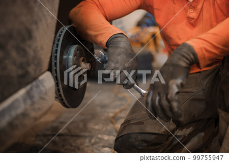 Car brake part in the garage, car brake disc without wheels. Car suspension. Current car repair 99755947