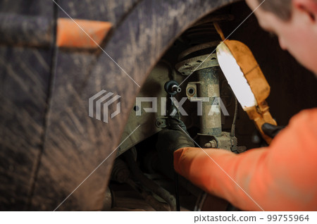 Replacement and repair of wheels and shock absorbers on a car in a garage Replacement and repair of wheels and shock absorbers on a car in a garage 99755964