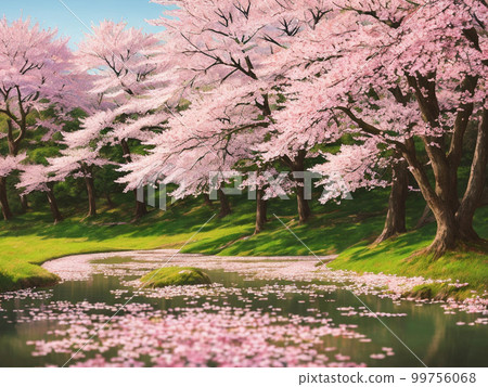 池塘邊盛開的櫻花 [AI 生成的圖像] 99756068