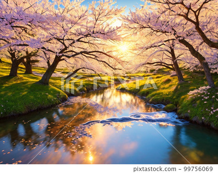 黃昏時分溪流兩岸盛開的櫻花【人工智能生成的圖像】 99756069