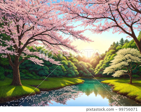 晚開的櫻花和新綠 [AI 生成的圖像] 99756071