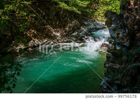 Blue Lagoon, mountain river among the rocks in the forest 99756178