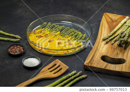 green asparagus baked with chedar cheese and parma ham green asparagus baked with chedar cheese and parma ham 99757013