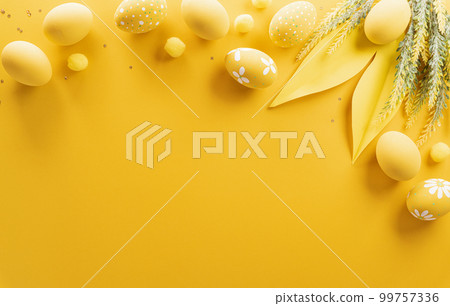 Happy easter! Colourful Easter eggs on yellow background. Decoration concept for greetings and presents on Easter Day celebrate time. Happy easter! Colourful Easter eggs on yellow background. Decoration concept for greetings and presents on Easter Day celebrate time. 99757336