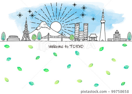 手繪東京旅遊目的地城市景觀天際線與綠葉 99758658