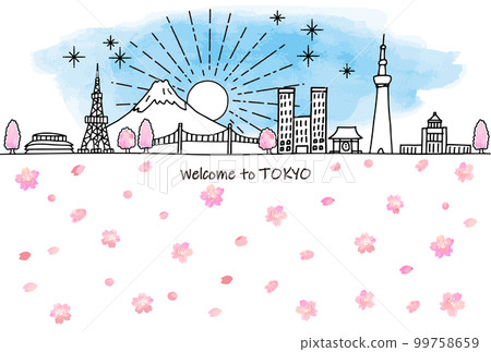 手繪東京旅遊景點城市景觀天際線和櫻花 99758659
