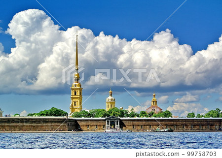 Peter and Paul Fortress (1703) - the oldest architectural monument of St. Petersburg, view from the Neva Peter and Paul Fortress (1703) - the oldest architectural monument of St. Petersburg, view from the Neva 99758703