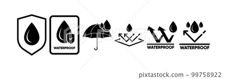 Waterproof icon. Water resistant icons for package. Water drop protection concept. Logo isolated on white background. Vector illustration. Waterproof icon. Water resistant icons for package. Water drop protection concept. Logo isolated on white background. Vector illustration. 99758922
