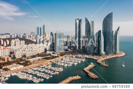 Aerialv view of Haeundae district in Busan 99759389