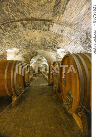 Wine cellar in Castello di Razzano, Piedmont, Italy Wine cellar in Castello di Razzano, Piedmont, Italy 99759623