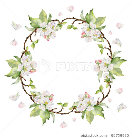 Hand drawn watercolor apple flowers, branches and leaves, white, pink and green blossom. Circle round wreath. Isolated on white background. Design for wall art, wedding, print, fabric, cover, card. Hand drawn watercolor apple flowers, branches and leaves, white, pink and green blossom. Circle round wreath. Isolated on white background. Design for wall art, wedding, print, fabric, cover, card. 99759920