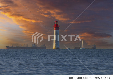 Phare de Chauvea near Ile de Re with ships to La Rochelle, Pays de la Loire, France Phare de Chauvea near Ile de Re with ships to La Rochelle, Pays de la Loire, France 99760525